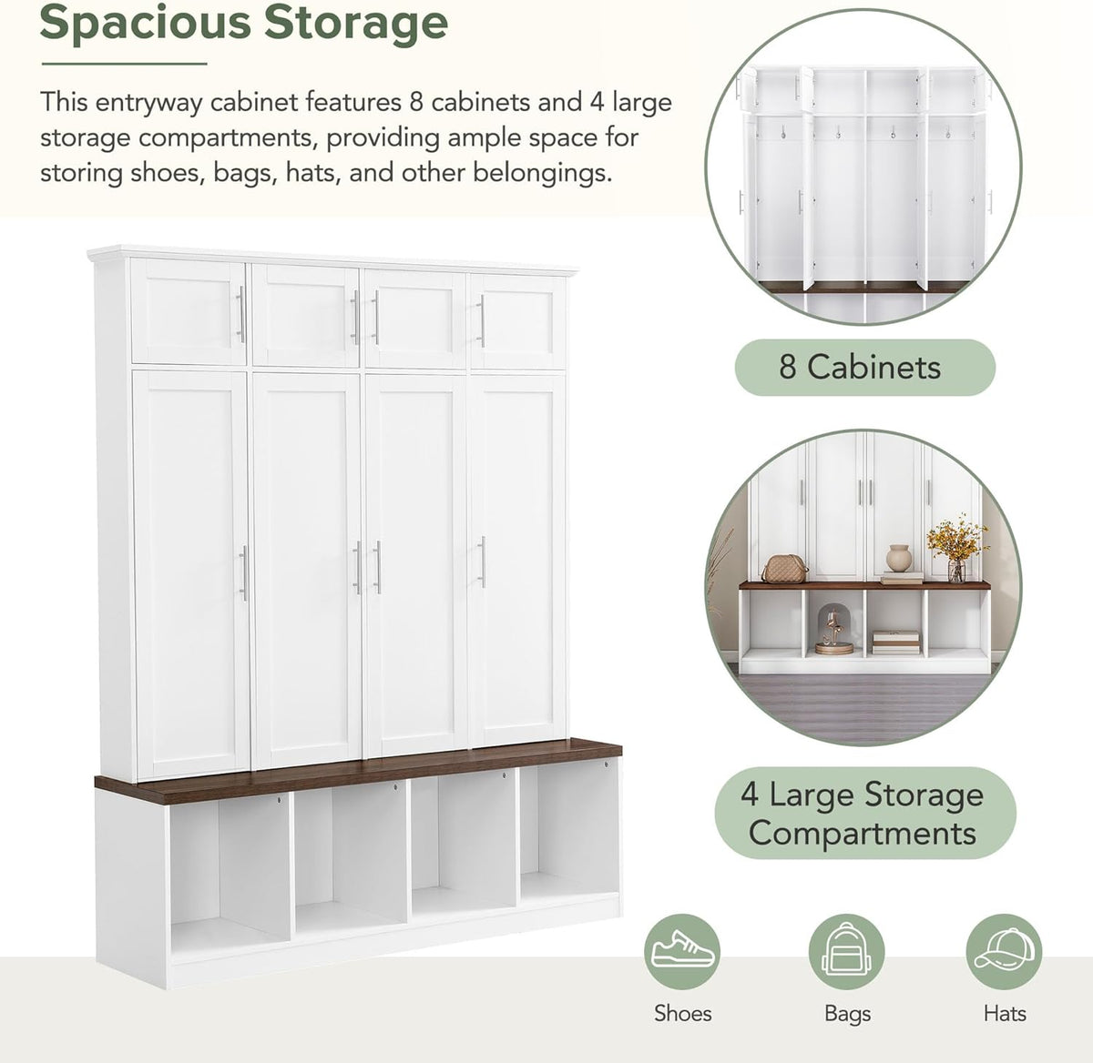 White Wide Entryway Hall Tree with Storage Bench & Shoe Cube Storage, 8 Cabinets, Coat Rack D464