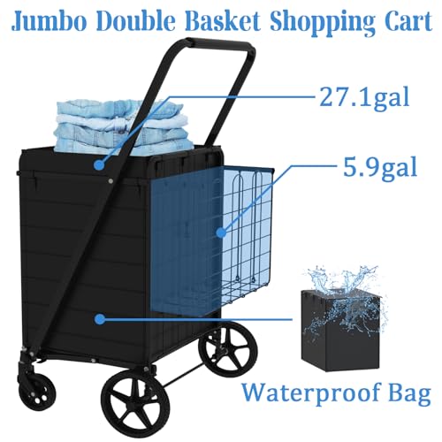 Heavy Duty Folding Shopping Cart with Double Basket, 360° Swivel Wheels, Waterproof Bag E450