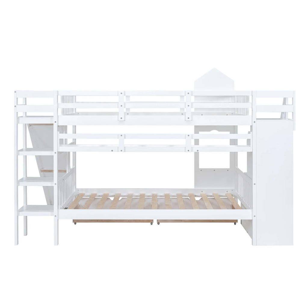 Full Over Full Castle Bunk Bed with Slide, Stairs and Storage Drawers Q676818