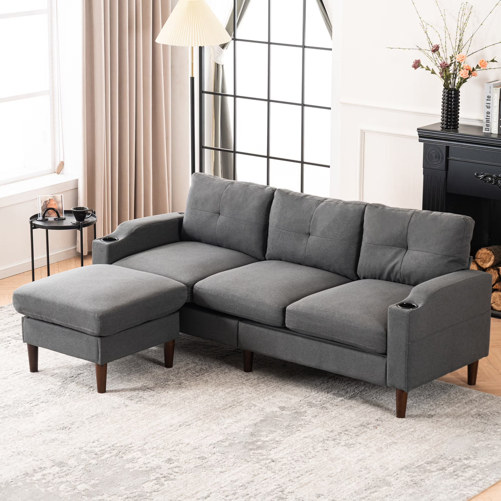 Convertible L-Shaped Combo Sofa with USB Port, Cup Holder, Storage Ottoman, Dark Gray W428