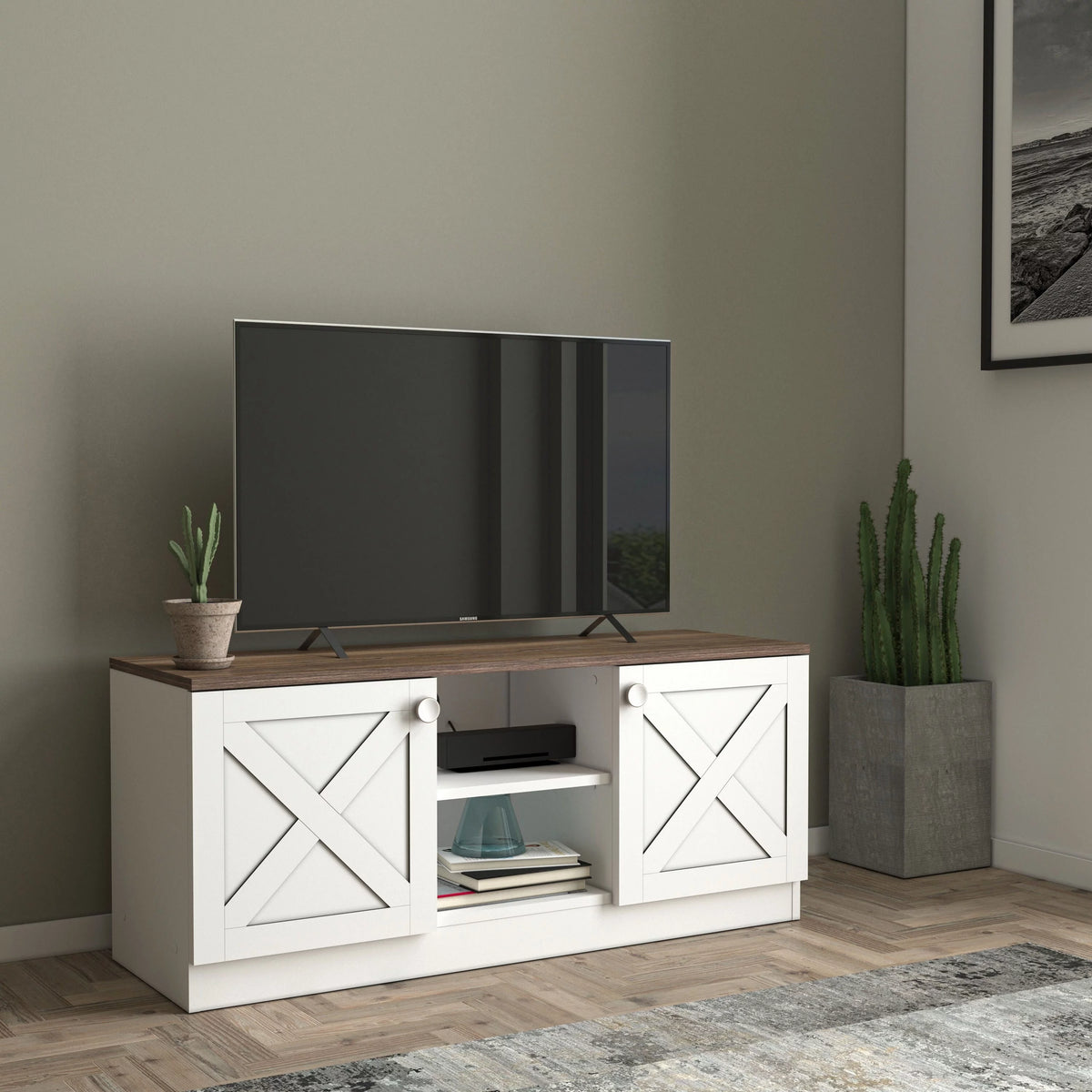 Industrial Wooden TV Stands with Cable Management and Shelves S337830
