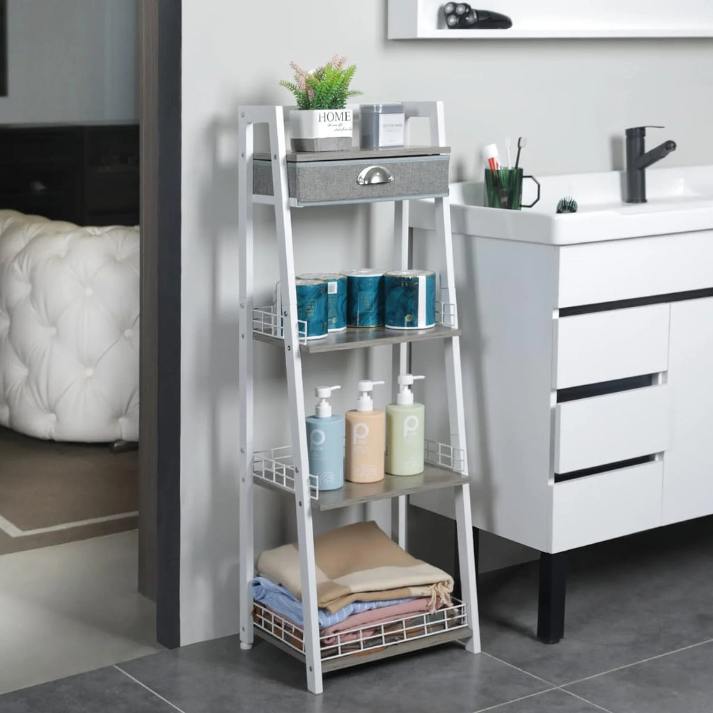 White 4 Tier Ladder Shelf with Drawer R527103