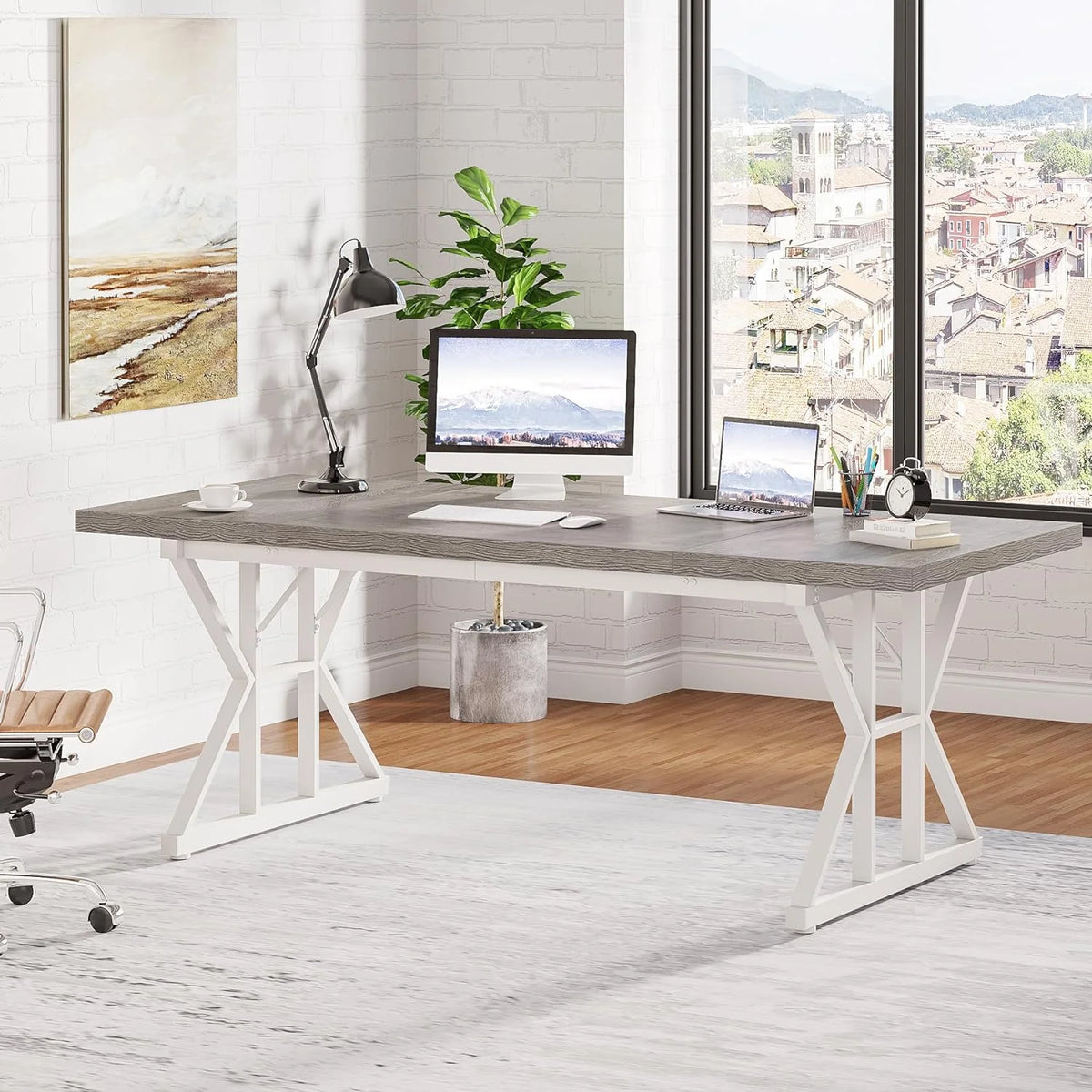 71 Inch Grey White Executive Desk T1171