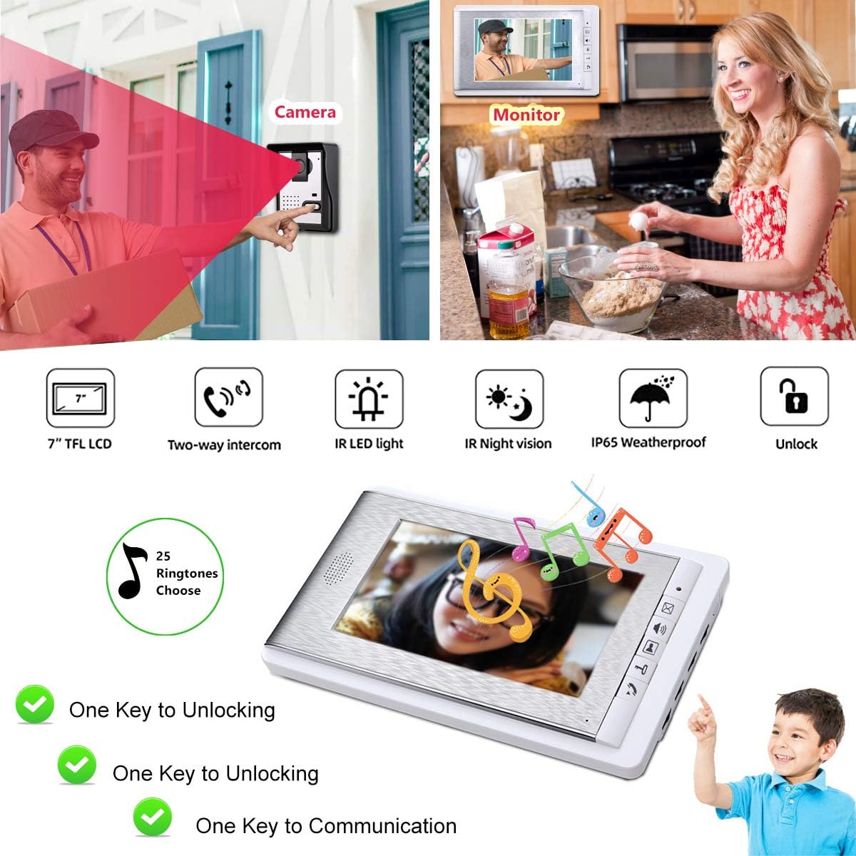 Wired Video Intercom Doorbell System 7 Inches LCD Monitor 1-IR Camera 1-Color Screen H322