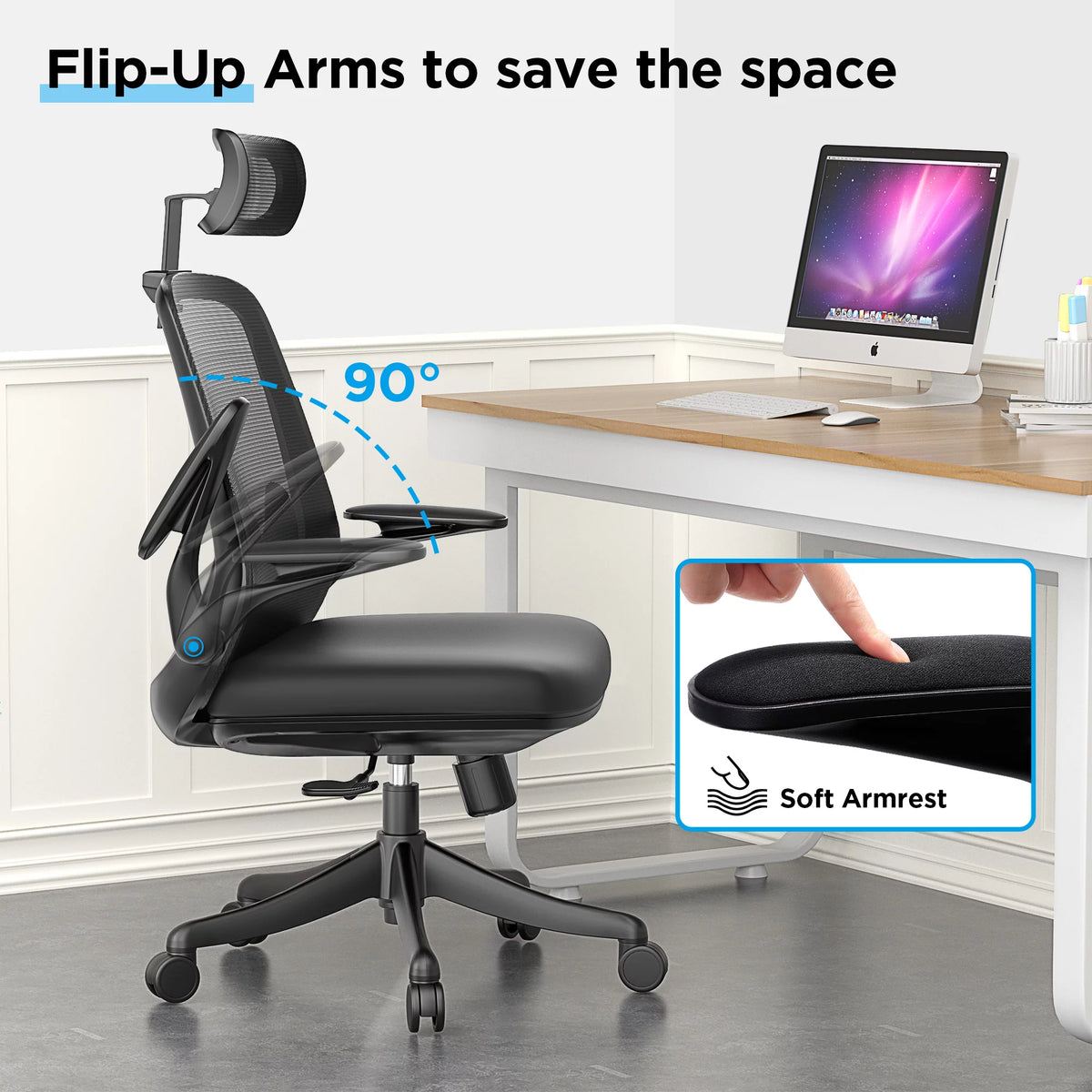 Black Ergonomic Mesh Office Chair with Flip-Up Arms and Lumbar Support T67908