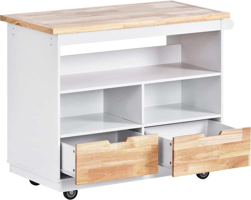 White Rolling Kitchen Island with RubberWood Top, 2 Drawers T912062