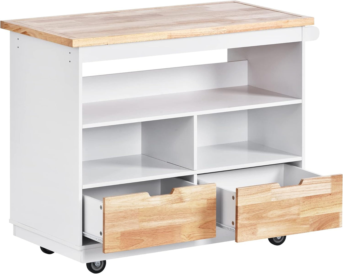 White Rolling Kitchen Island with RubberWood Top, 2 Drawers T912062