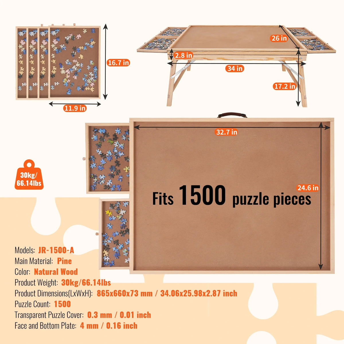 1500 Piece Puzzle Board with Folding Legs & 4 Sliding Drawers 32.7" x 24.6" Wooden Jigsaw Puzzle Table C9209