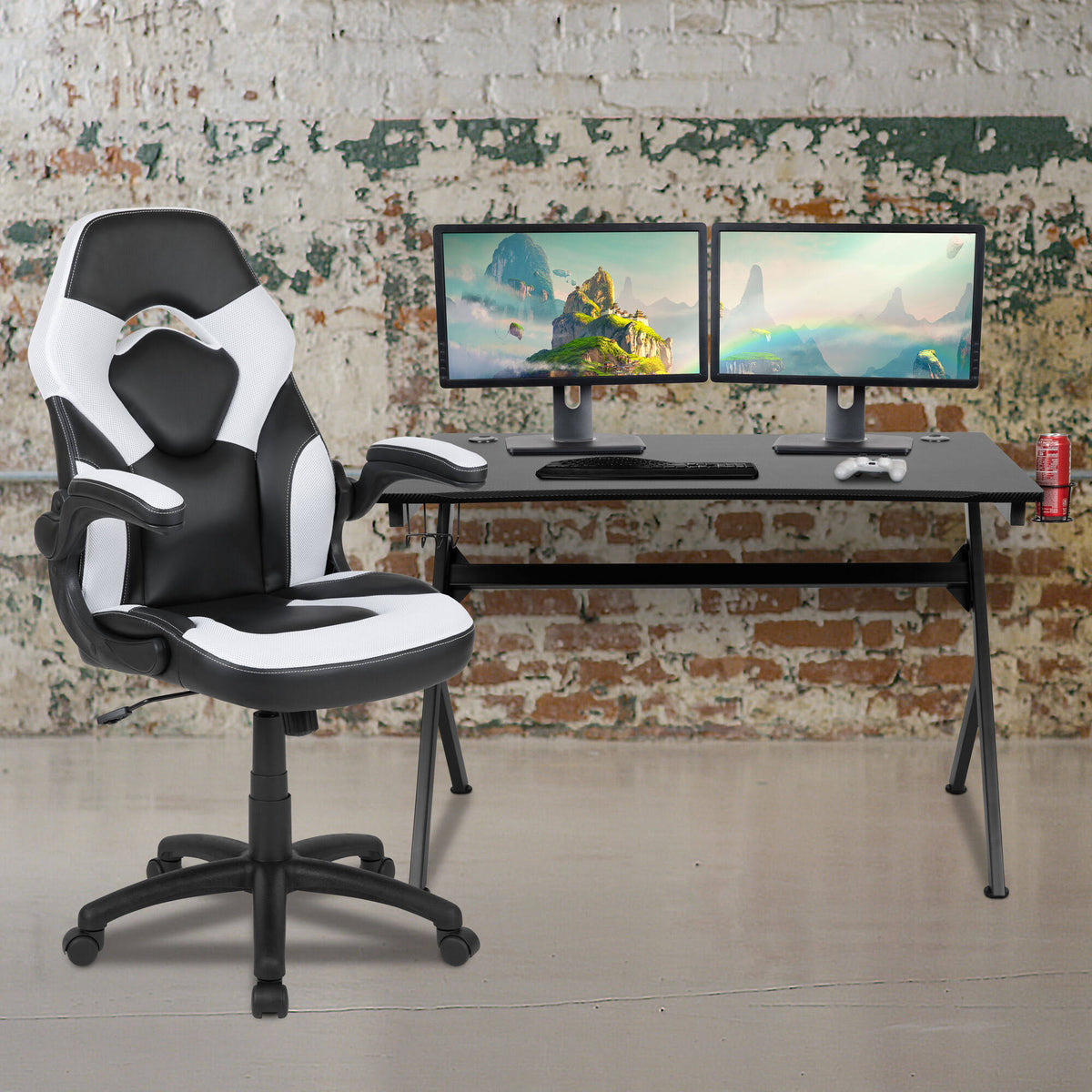 Black Gaming Desk and Racing Chair Set with Cup Holder U918238