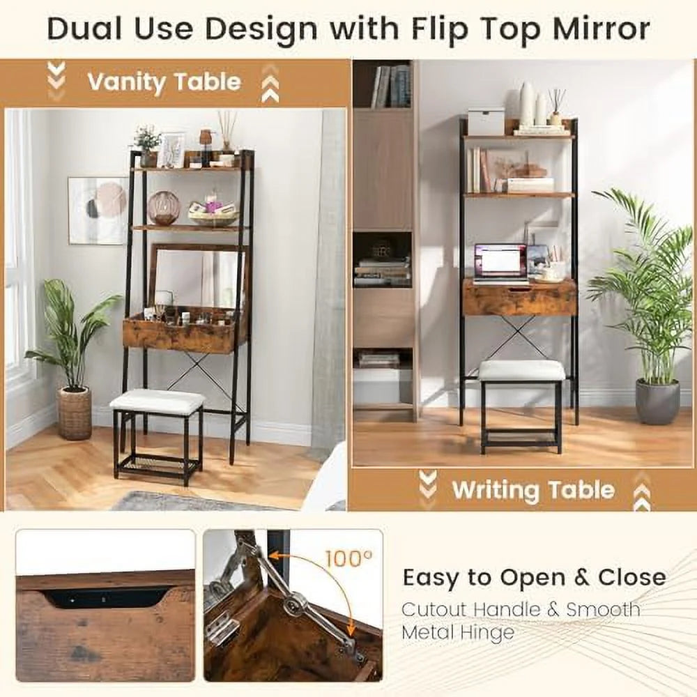 Vanity Table Set with Flip Top Mirror and Cushioned Stool Q2181