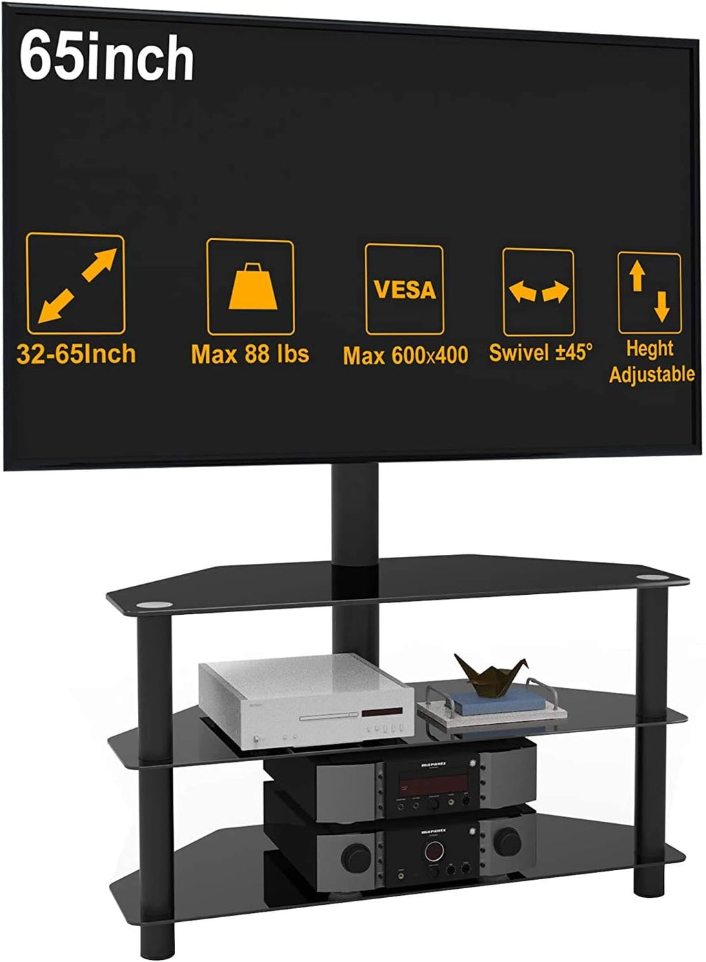 Angle and Height Adjustable Black Tempered Glass TV Stand Y497086