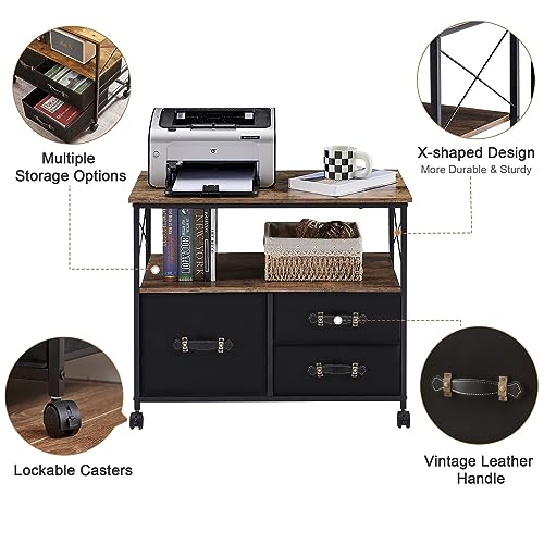 Black 3 Drawer Rolling Printer Stand with Fabric Storage Shelf Y2974