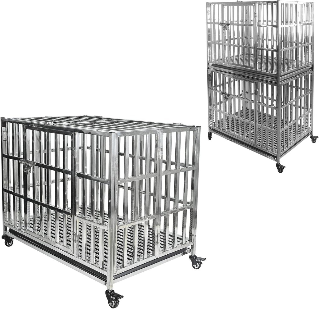 37” Heavy Duty Stainless Steel Dog Cage Kennel Crate and Playpen with Double Doors Lockable Wheels Removable Tray O186057