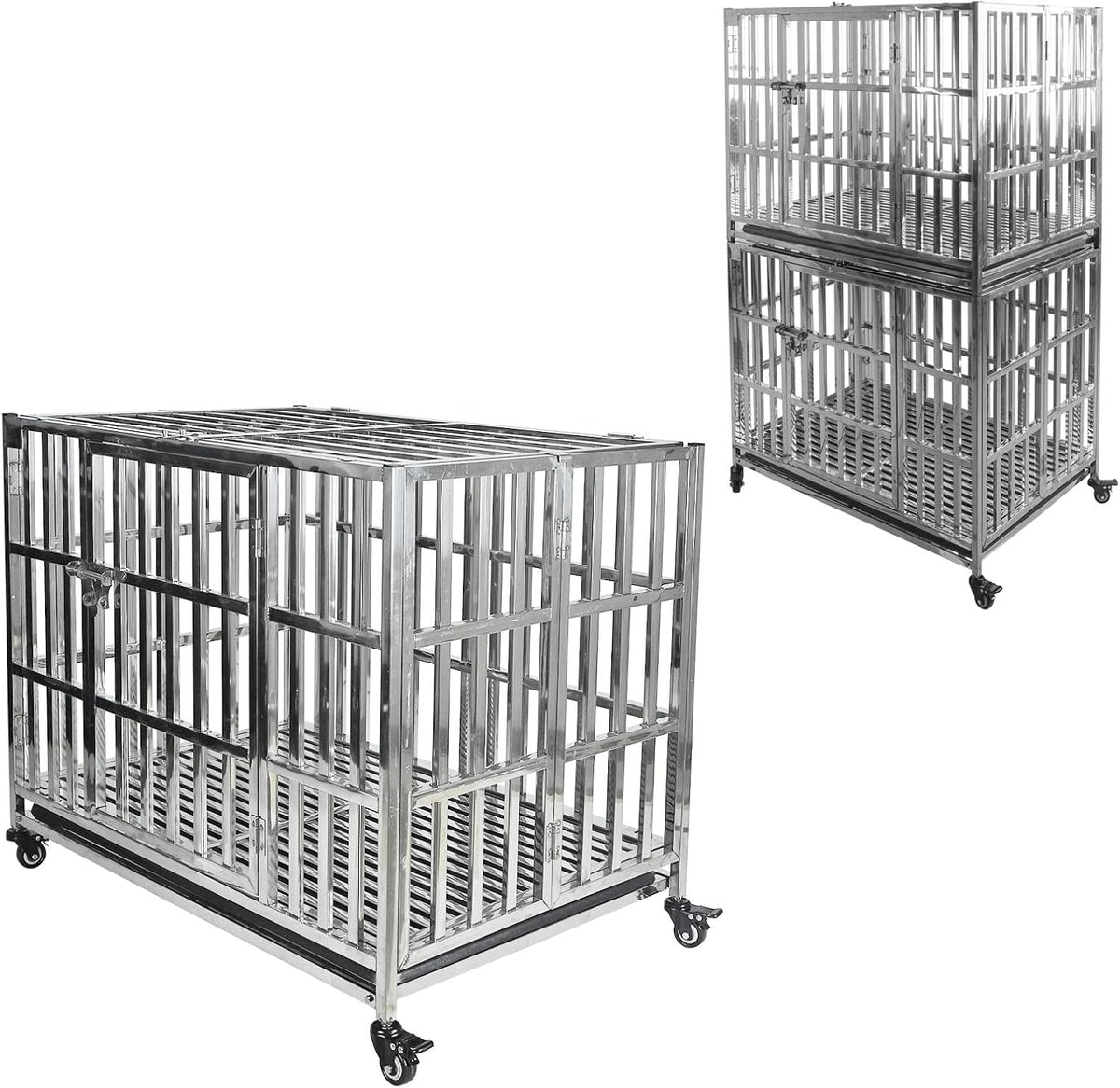 37” Heavy Duty Stainless Steel Dog Cage Kennel Crate and Playpen with Double Doors Lockable Wheels Removable Tray O186057