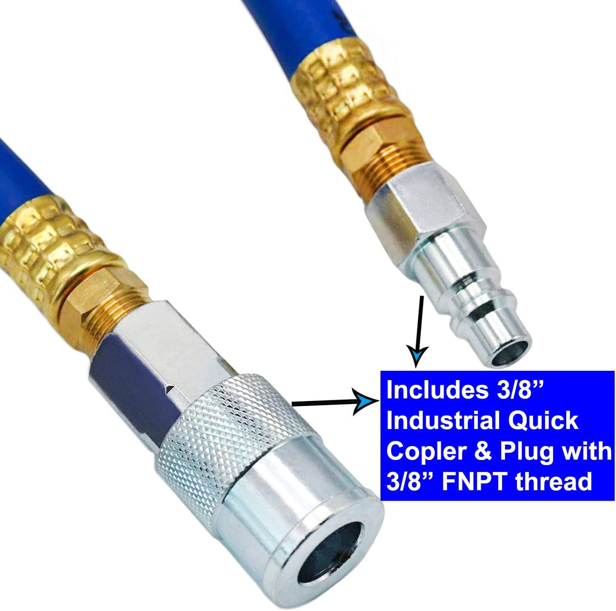 Hybrid Air Hose 1/2-Inch I.D. by 100-Feet Long Solid Brass Fittings 300 PSI Heavy Duty Lightweight Kink Resistant with 3/8" and 1/4" Industrial Quick Coupler Connectors Blue P1461