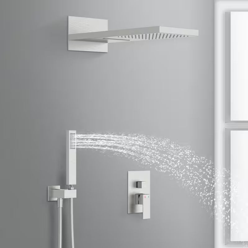 1-Handle 3-Spray Wall Mount Shower Faucet with 9 in. Rainfall Shower Head in Brushed Nickel R782036
