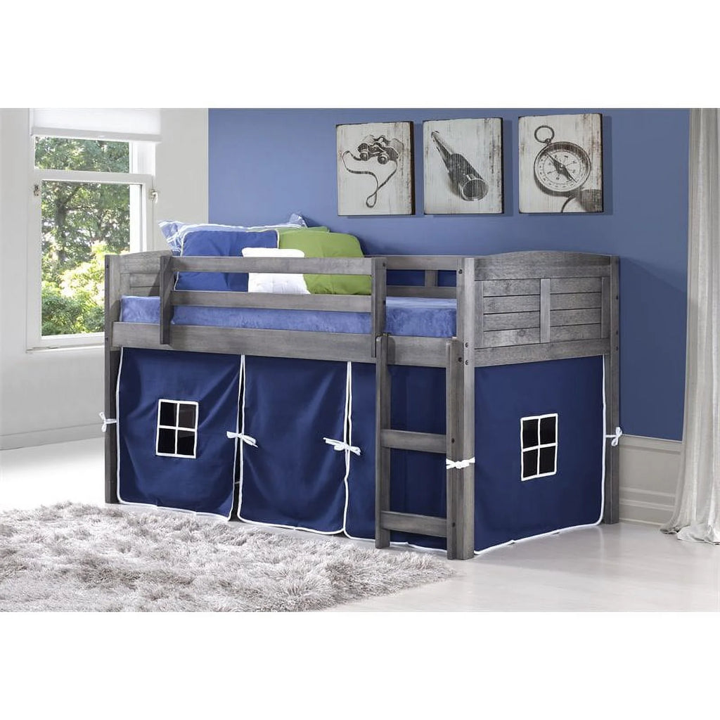 Twin Solid Wood Low Loft Bed with Blue Tent O589