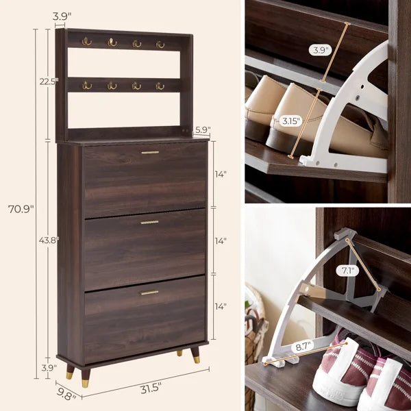 Brown Entryway Wardrobe Armoire Closet with 12 Hooks & 3 Shoe Cabinets N641