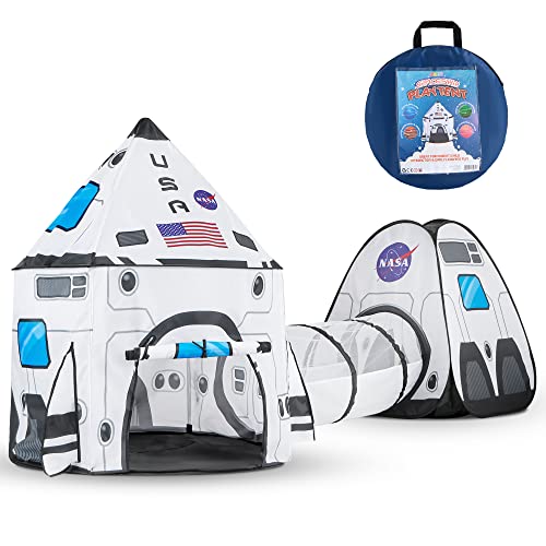 White Rocket Ship Pop up Play Tent with Tunnel and Playhouse Kids Indoor Outdoor Spaceship Tent Set G116
