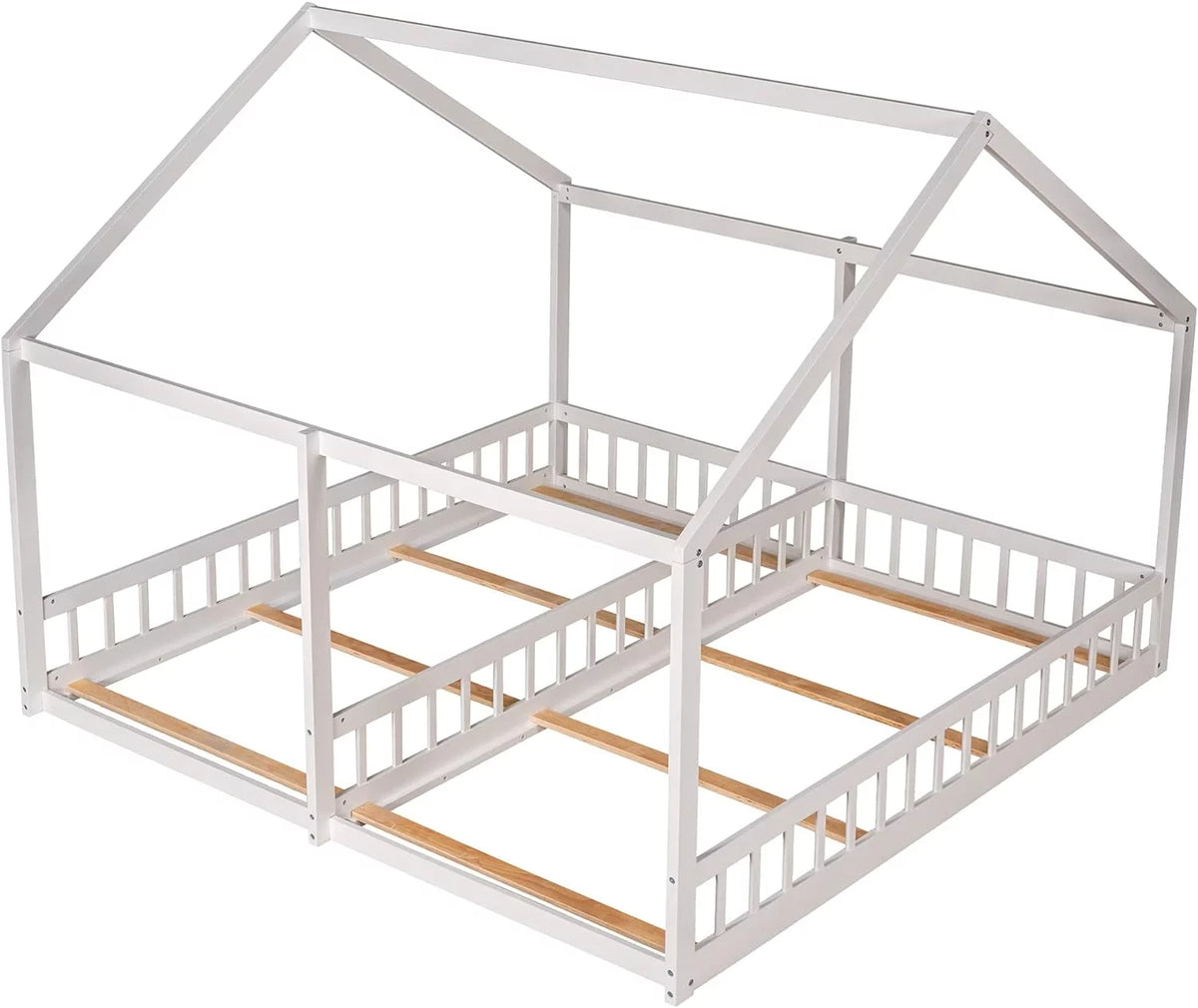 White Solid Wood Floor Bed with Rails and Roof G1304