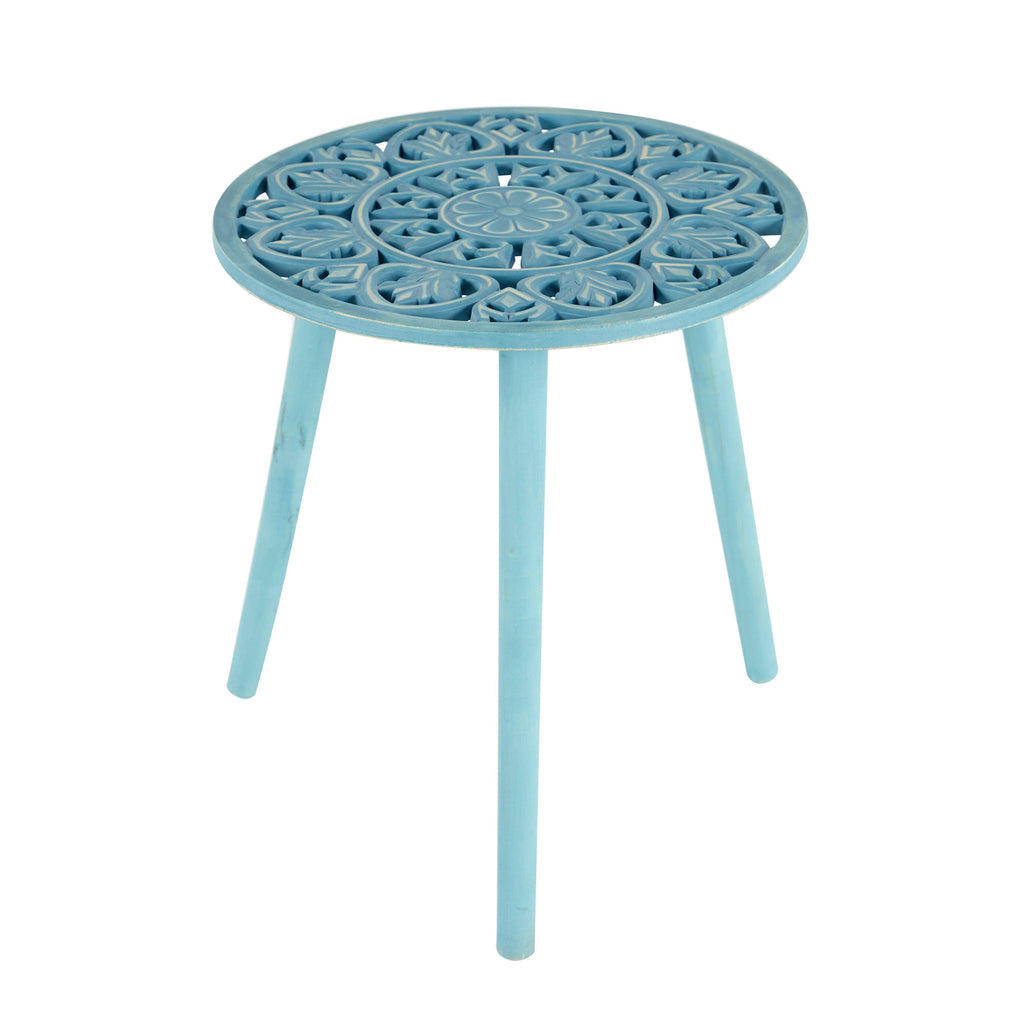 Gray Brown Carved Wood Round Accent Table A41960