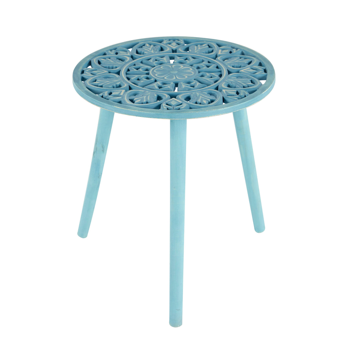 Gray Brown Carved Wood Round Accent Table A41960