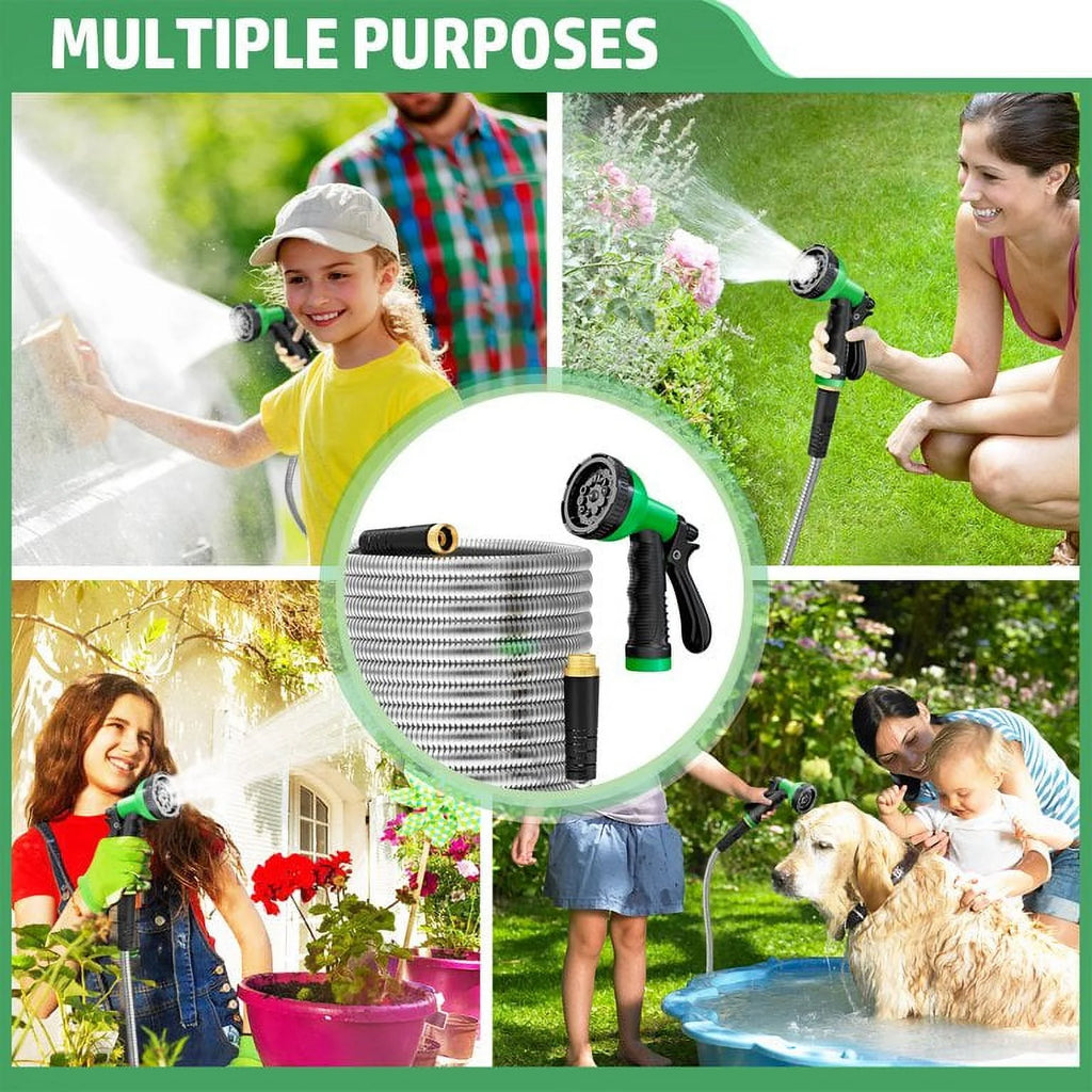 50FT Stainless Steel Metal Garden Hose with 10 Function Nozzle U324