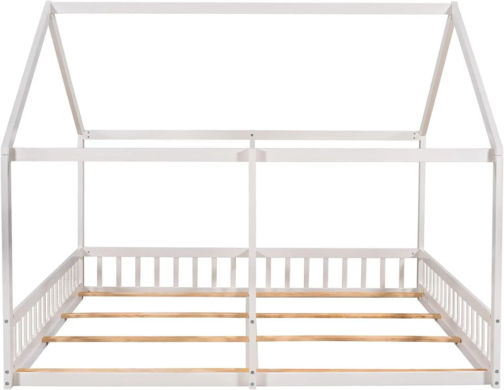 White Solid Wood Floor Bed with Rails and Roof G1304