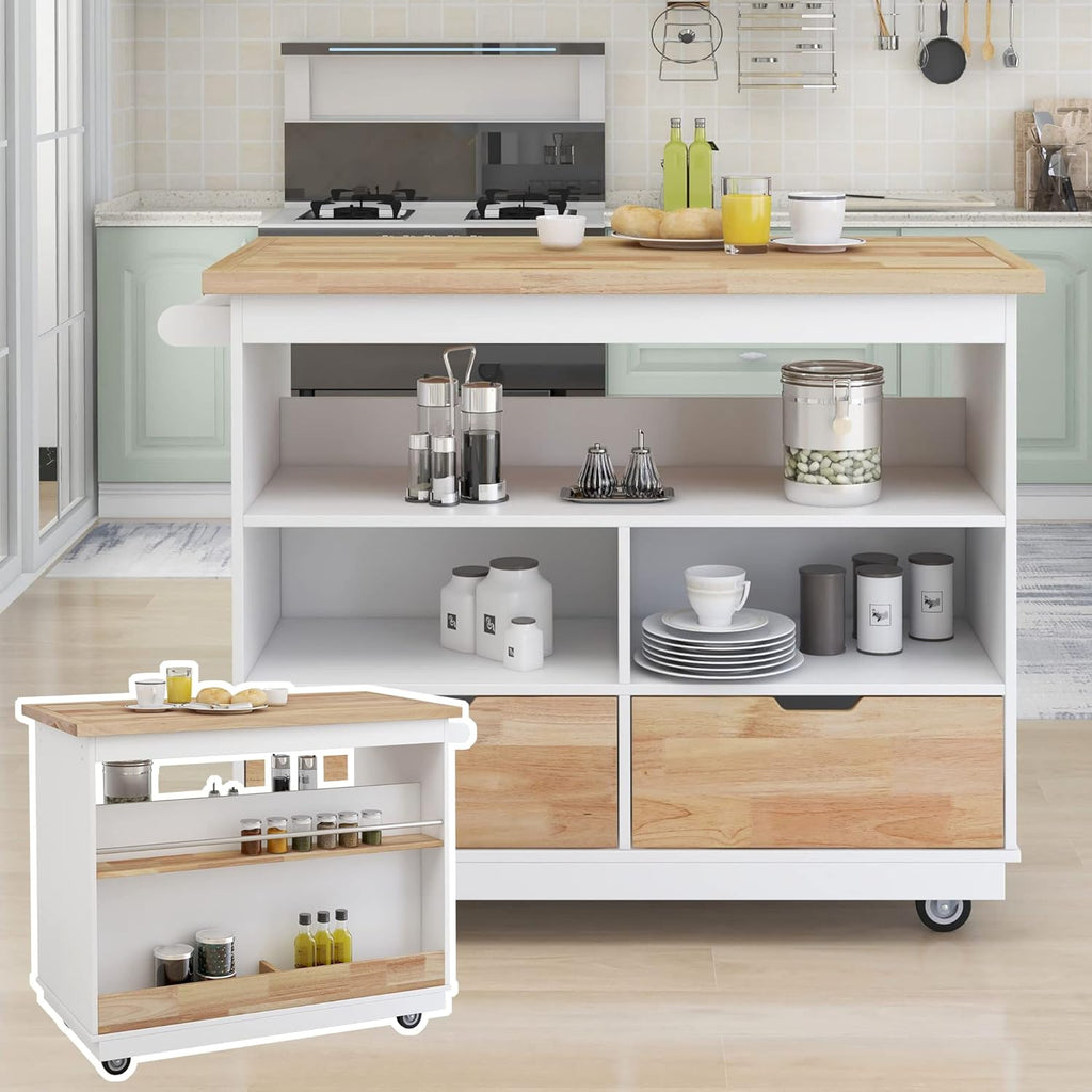 White Rolling Kitchen Island with RubberWood Top, 2 Drawers T912062