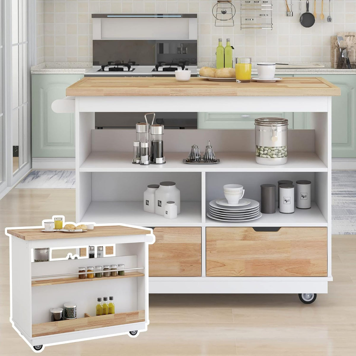 White Rolling Kitchen Island with RubberWood Top, 2 Drawers T912062