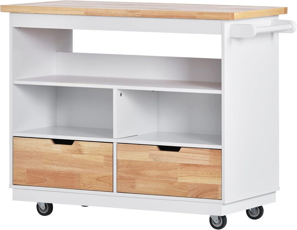 White Rolling Kitchen Island with RubberWood Top, 2 Drawers T912062