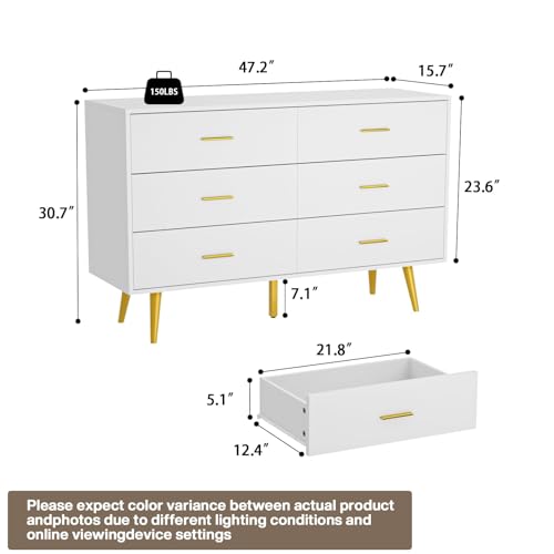 White 6 Drawer Wood Dresser with Gold Metal Handles M65388