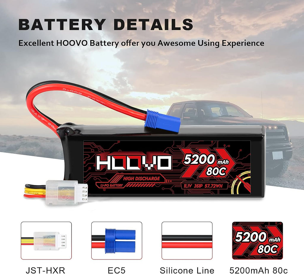 3S Lipo Battery 11.1V 80C 5200mAh with EC5 Connector 2 Pack H29107