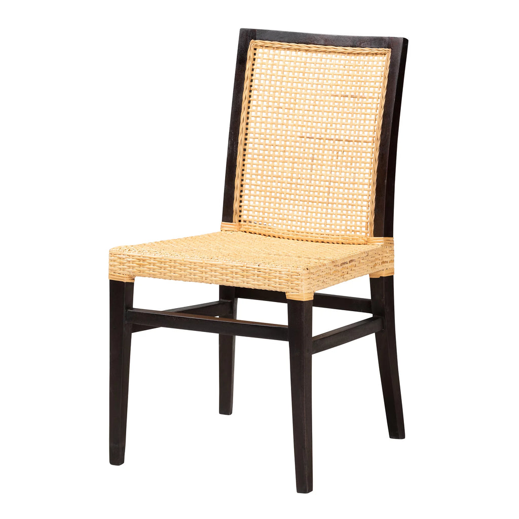 Dark Brown Mahogany Wood and Natural Rattan Dining Chair C3505