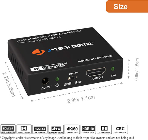 18Gbps HDMI Embedder Inserter with TOSLINK Optical 3.5mm Audio Input B532166