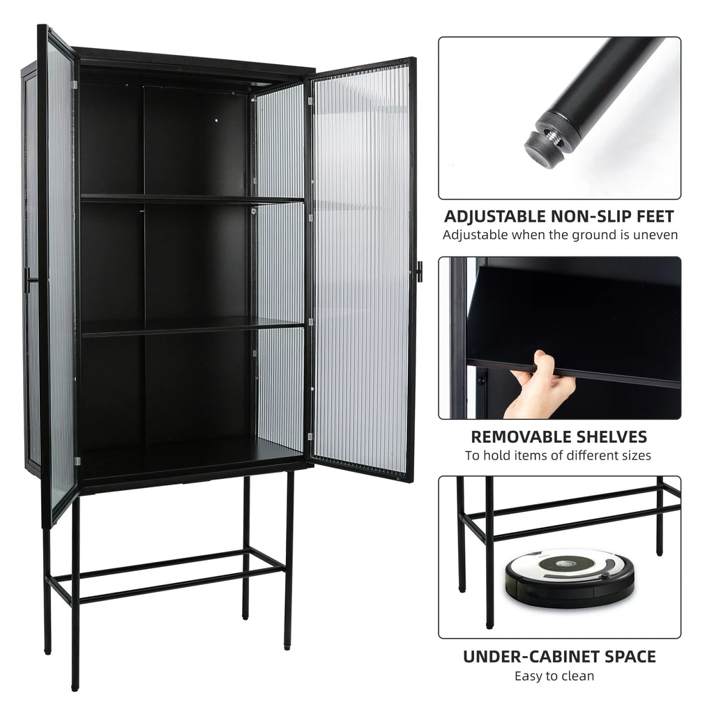 Black Fluted Glass High Cabinet with Dual Doors Q273459