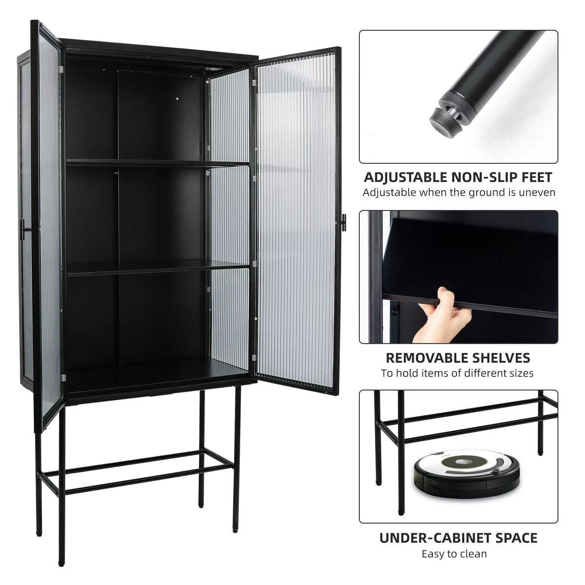 Black Fluted Glass High Cabinet with Dual Doors Q273459