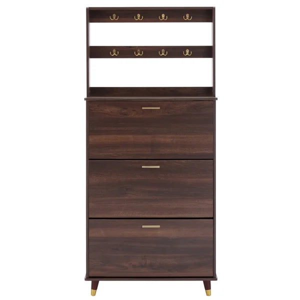Brown Entryway Wardrobe Armoire Closet with 12 Hooks & 3 Shoe Cabinets N641