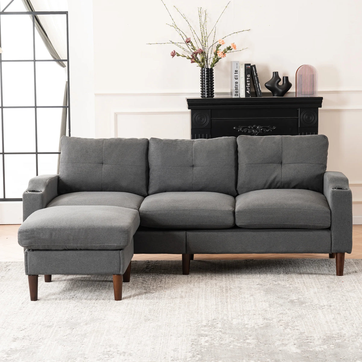 Convertible L-Shaped Combo Sofa with USB Port, Cup Holder, Storage Ottoman, Dark Gray W428