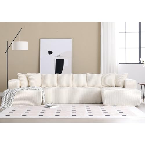 White Striped Corduroy Upholstered 4 Seater Modular Sectional Sofa D802109