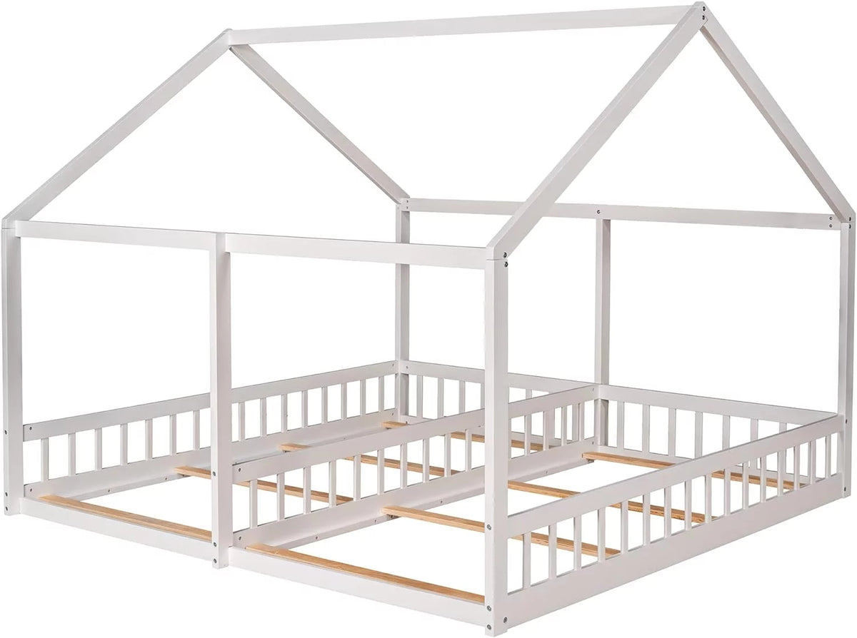 White Solid Wood Floor Bed with Rails and Roof G1304