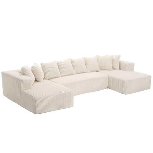 White Striped Corduroy Upholstered 4 Seater Modular Sectional Sofa D802109