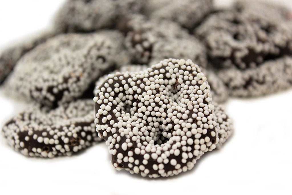 Dark Chocolate Covered Pretzels with White Nonpareil 2 lbs N82820