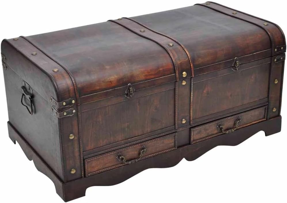 Vintage Wooden Treasure Chest Storage Trunk with 2 Drawers H179