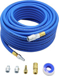 Hybrid Air Hose 1/2-Inch I.D. by 100-Feet Long Solid Brass Fittings 300 PSI Heavy Duty Lightweight Kink Resistant with 3/8" and 1/4" Industrial Quick Coupler Connectors Blue P1461
