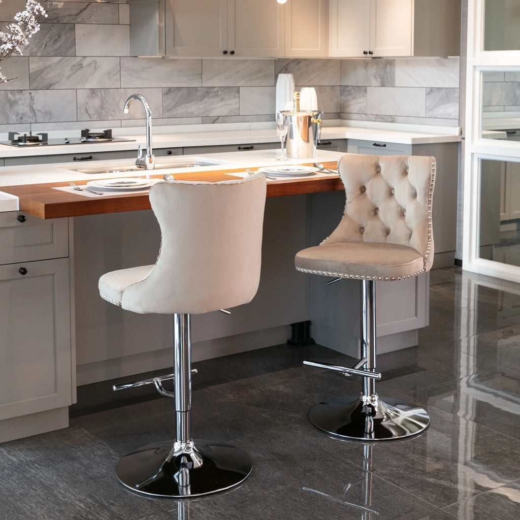 Khaki Velvet Upholstered Swivel Bar Stools, Set of 4 L872