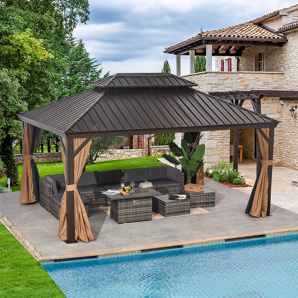 10'x12' Hardtop Steel Aluminum Gazebo with Curtains and Netting Z493