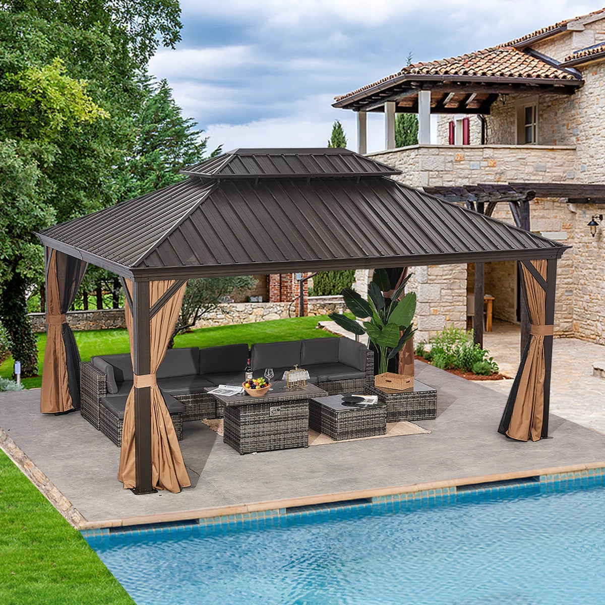 10'x12' Hardtop Steel Aluminum Gazebo with Curtains and Netting Z493