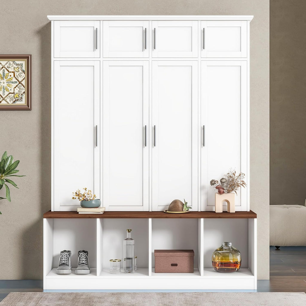 White Wide Entryway Hall Tree with Storage Bench & Shoe Cube Storage, 8 Cabinets, Coat Rack D464