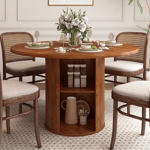 47 inch Round Dining Table with 2-Layer Storage Shelf and Wood Slide Door (Walnut) P74441